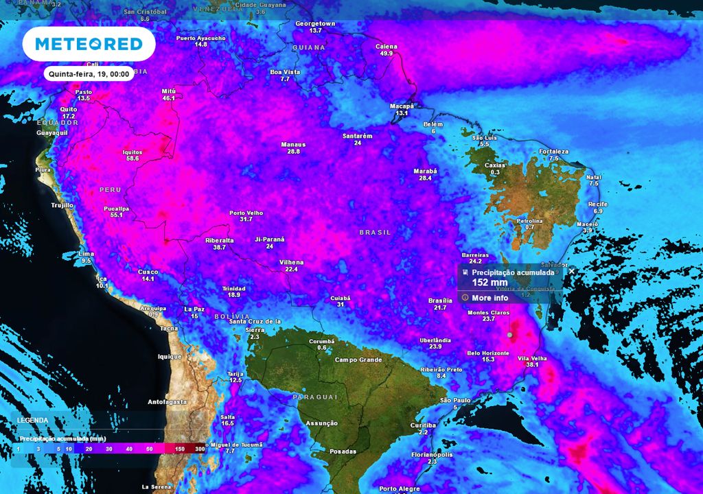 Previsão de acumulados totais de chuva até o final da quarta-feira.