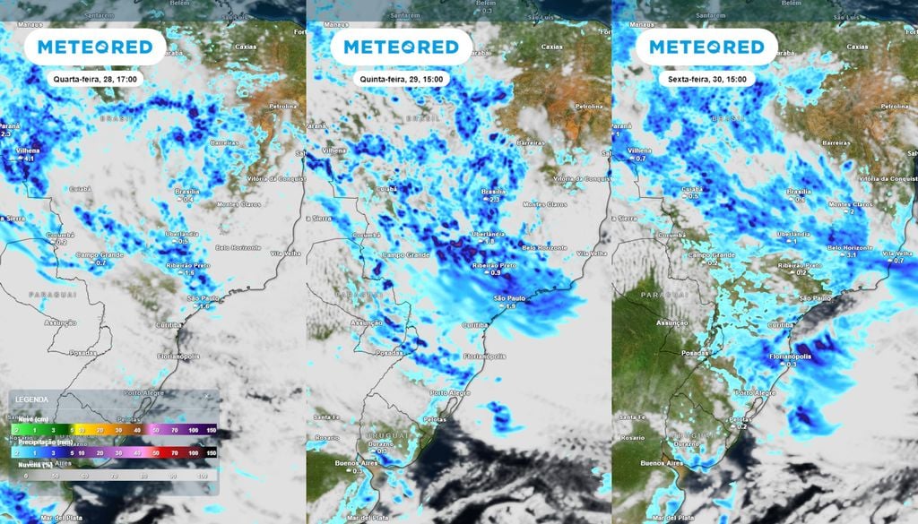 Previsão de nebulosidade e chuva na quarta, quinta e sexta-feira. Previsão de nebulosidade e chuva na quarta, quinta e sexta-feira mostra a intensificação das pancadas de chuva ao longo desta semana devido à formação de um canal de umidade.