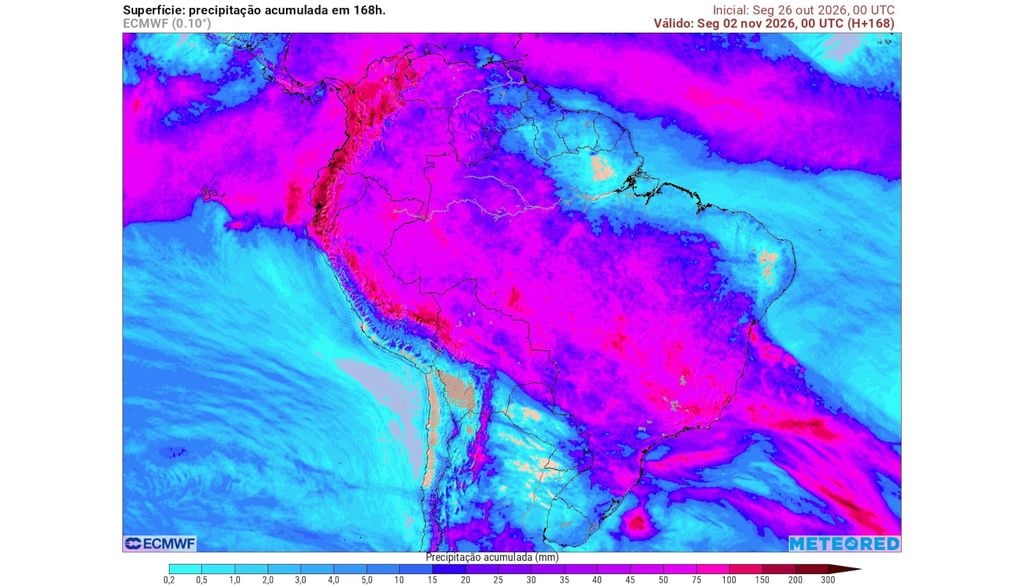 Previsão de acumulados totais de chuva até o final do domingo. Previsão de acumulados totais de chuva até o final do domingo mostra que os volumes podem chegar a valores entre 100 e 200 mm entre o Sudeste e o Centro-Oeste nesta semana.