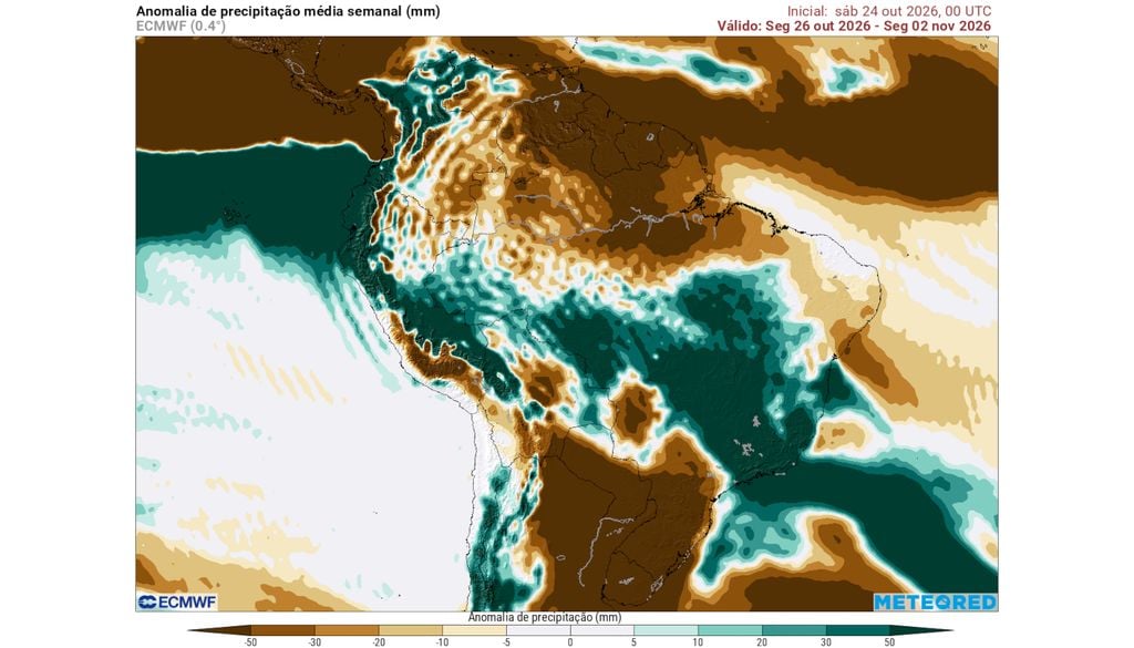 Previsão de anomalias de chuva entre os dias 26/10 e 2/11. Previsão de anomalias de chuva entre os dias 26/10 e 2/11 mostra que grande parte do Sudeste e do Centro-Oeste do país registrarão volumes de chuva mais intensos que o normal.