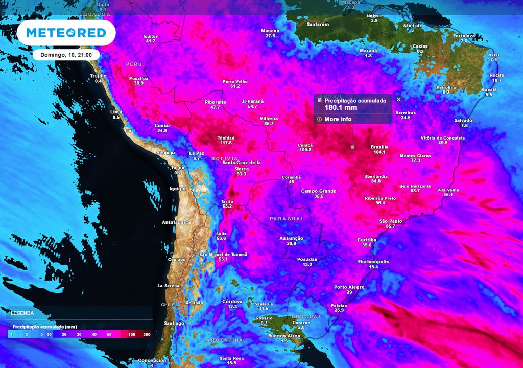Previsão de acumulados totais de chuva até o próximo domingo.