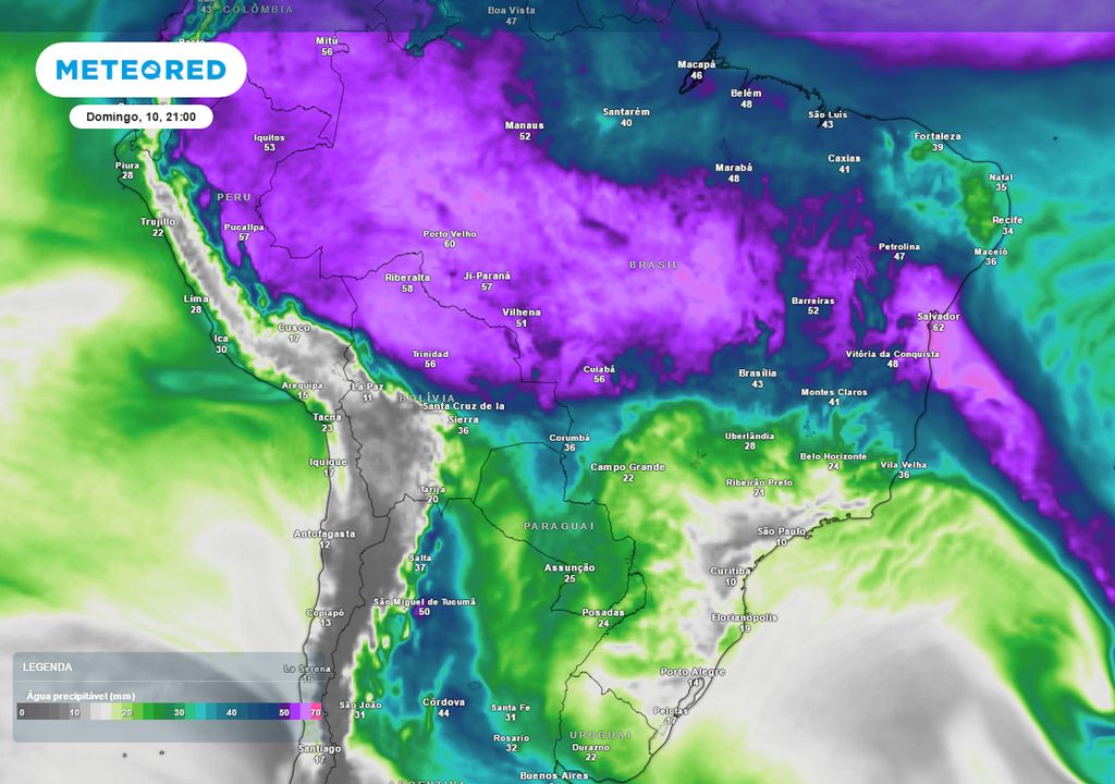 Previsão de água precipitável no próximo domingo.