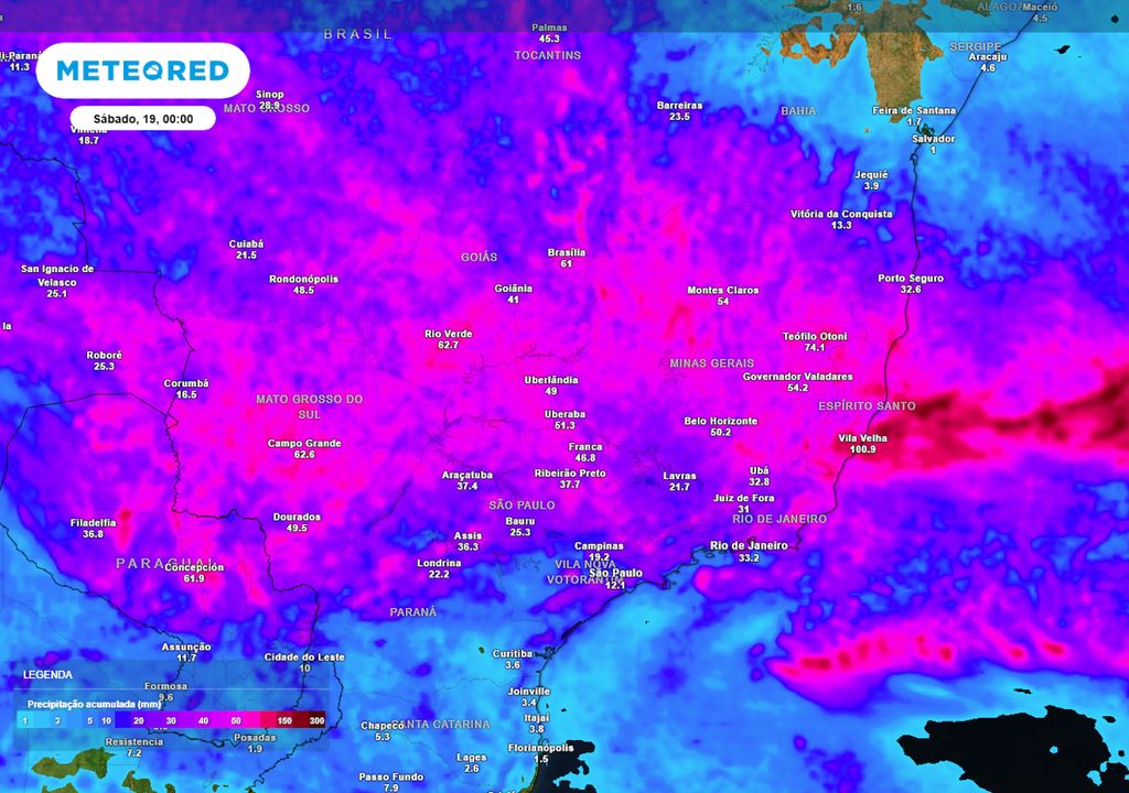 Previsão de acumulados totais de chuva até o final da sexta-feira. Previsão de acumulados totais de chuva até o final da sexta-feira.