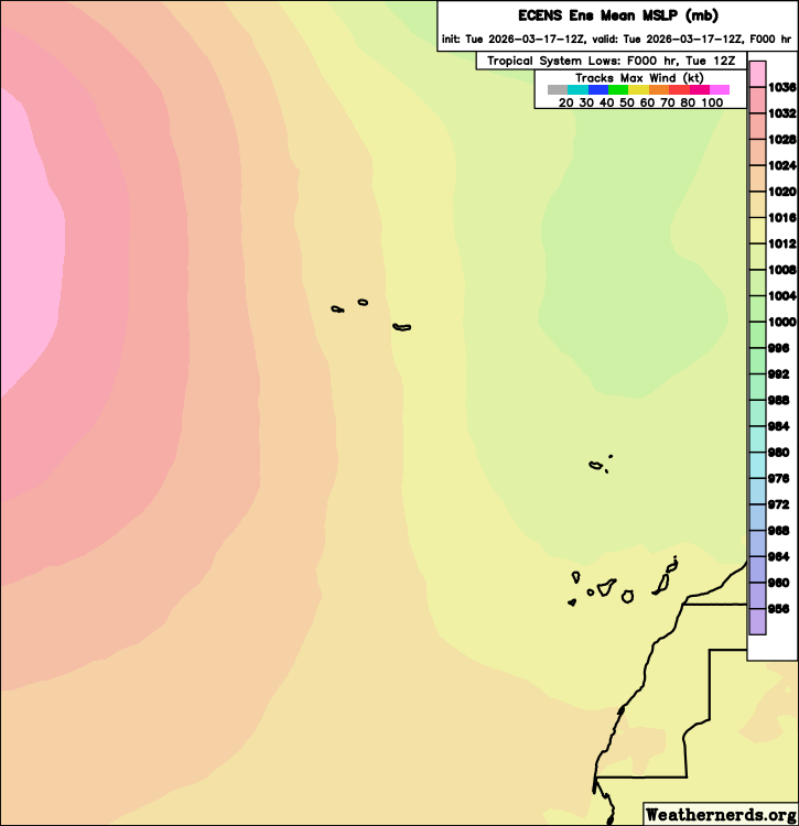Evolución del centro de la baja en superficie de Therese según modelo probabilístico ENS ECMWF. Fuente: Weathernerds