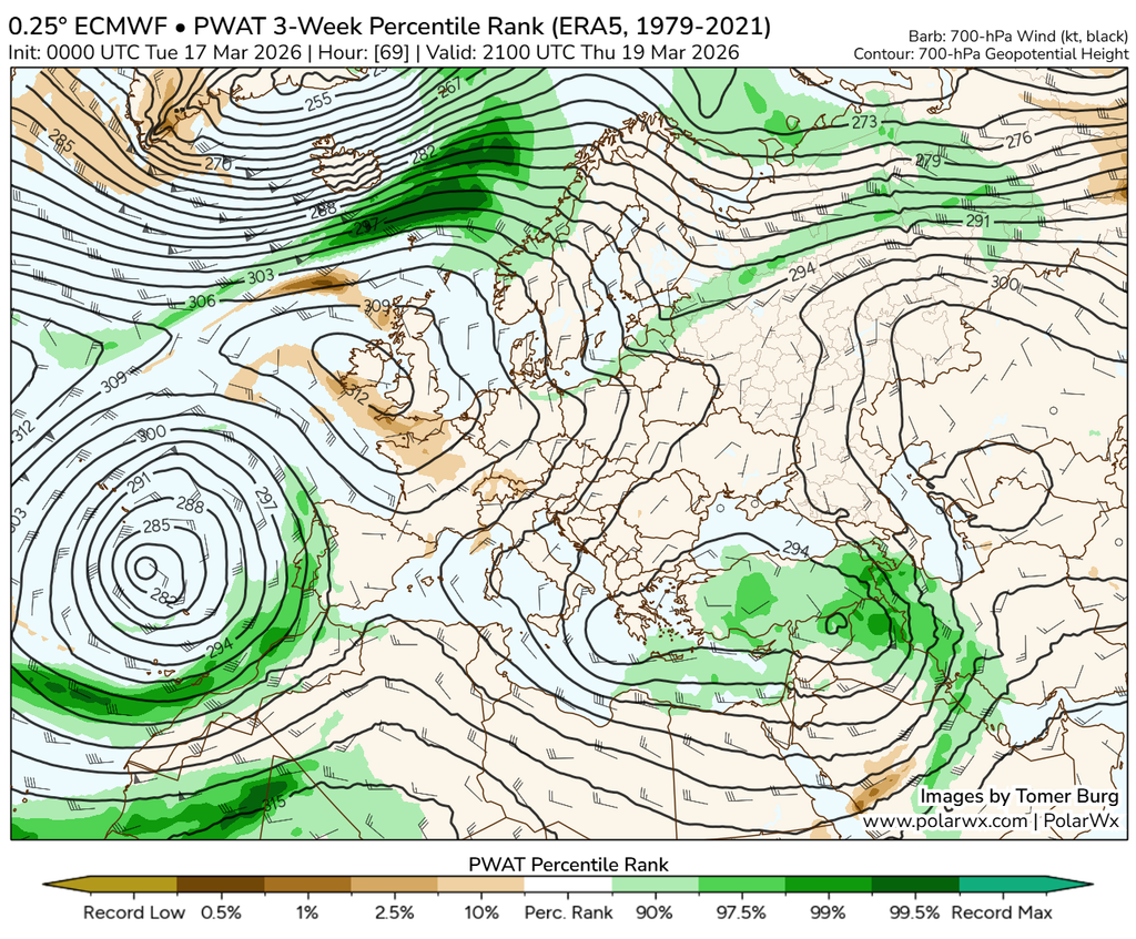 Mapa de geopotencial y viento en 700 hPa para la misma fecha que los mapas de arriba junto con las altas anomalías de agua precipitable, en verde, que rodean a Therese en las cercanías de Canarias. Fuente: Tomer Burg