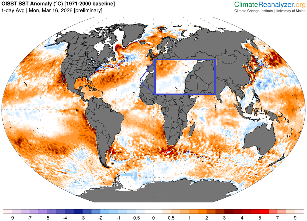 Anomalías de la temperatura superficial del agua del mar con anomalías cálidas en tonalidades rojas y frías en azules para el 16 de marzo de 2026 destacando la zona de Canarias en recuadro. Fuente: Climate Reanalyzer.