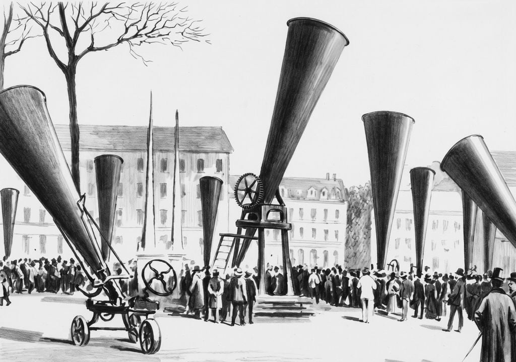 Mercado de canhões antigranizo no 3º congresso internacional sobre tiro em granizo em Lyon, 1901, mostra que a tecnologia existe há décadas (imagem por Changnon e Ivens, 1981).