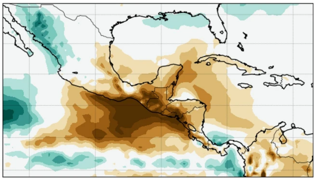 clima; lluvias; anomalia; Mexico; canicula; verano La reducción de lluvias durante la canícula (tonos marrones) suele ser más evidente en el Centro y Sur de México y Centroamérica. Imagen adaptada de García-Franco et al. (2023).