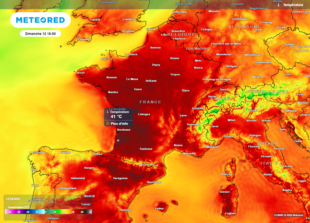 Des températures de 40 à 42°C sont prévues dans l'ouest de la France dimanche Des températures de 40 à 42°C sont prévues dans l'ouest de la France dimanche