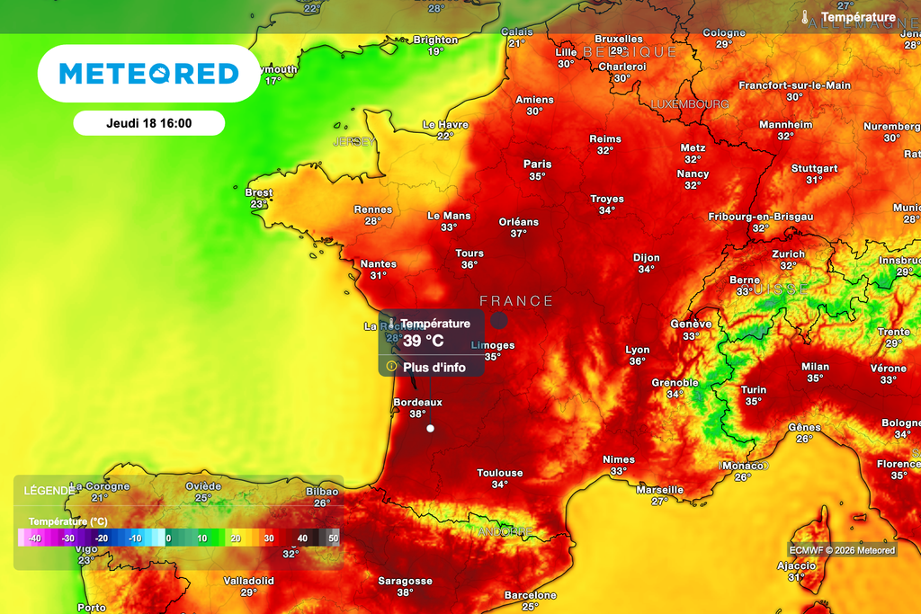 Près de 40 degrés jeudi après-midi dans le sud-ouest de la France ! Près de 40 degrés jeudi après-midi dans le sud-ouest de la France !