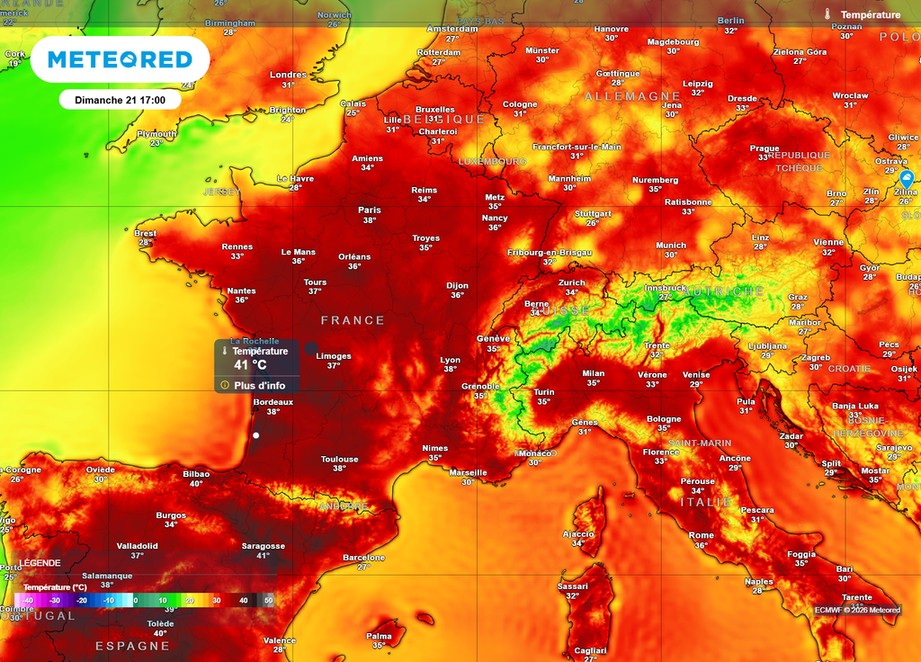 Températures dimanche après-midi Dès dimanche après-midi, la barre des 40°C voire 41°C pourrait être atteinte dans le Sud-Ouest, en particulier vers les Landes.