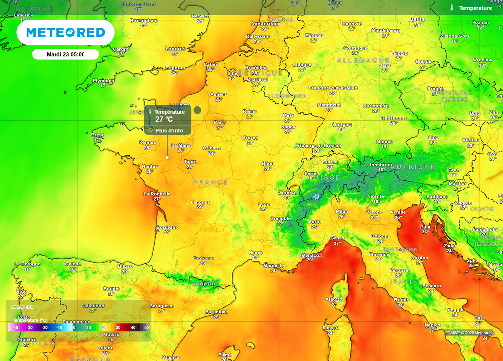 Températures mardi matin Les modélisations des températures de mardi matin sont étonnantes, avec par endroits pas moins de 27°C à 5h du matin !