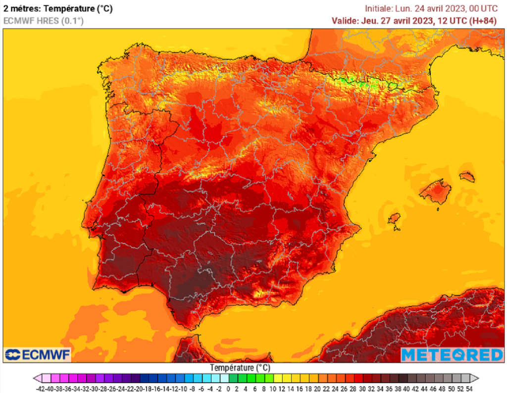 Le pic de chaleur devrait avoir lieu jeudi avec des pointes à 40°C annoncées (modèle ECMWF).