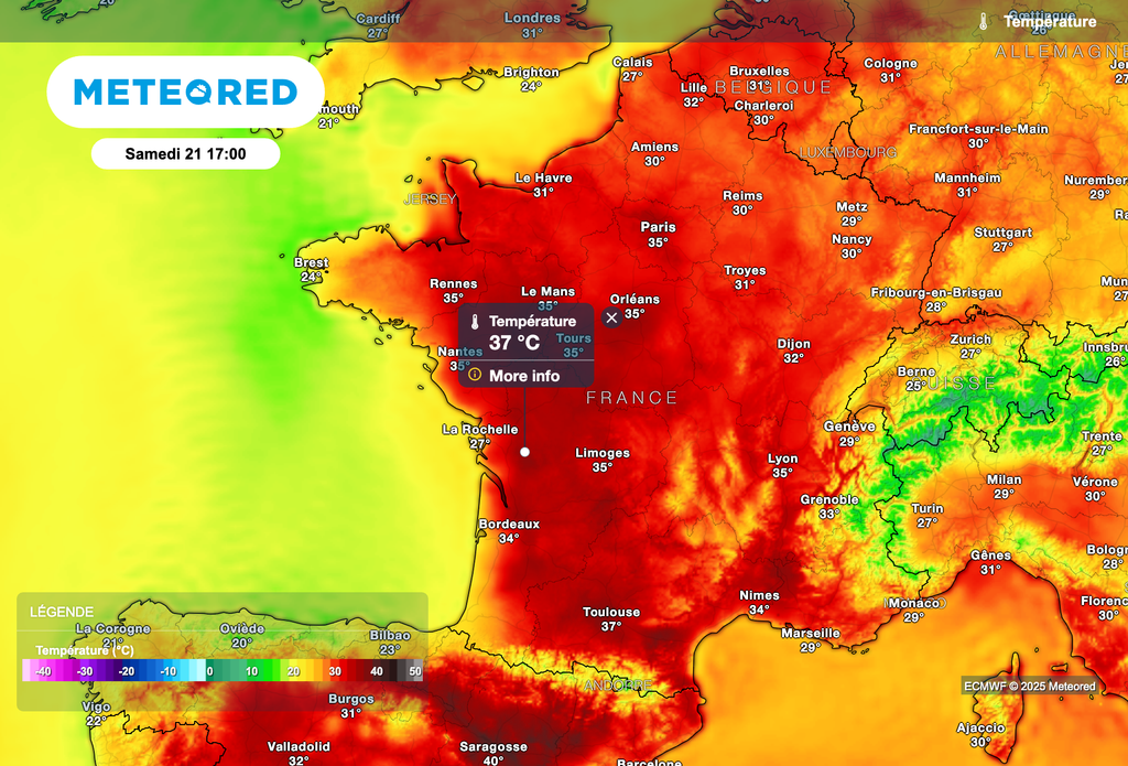 Températures prévues cet après-midi en France. Températures prévues cet après-midi en France.