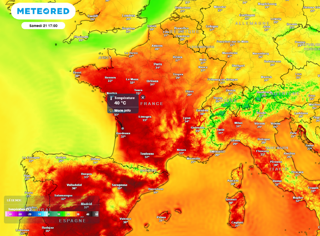 Samedi après-midi, la barre des 40°C sera localement atteinte en Aquitaine. Samedi après-midi, la barre des 40°C sera localement atteinte en Aquitaine.