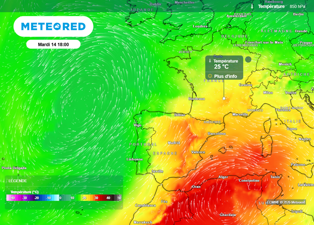 Air chaud La masse d'air reste particulièrement chaude en ce début de semaine avec des valeurs atteignant voire dépassant les 25°C à 850 hPa sur le sud de la France