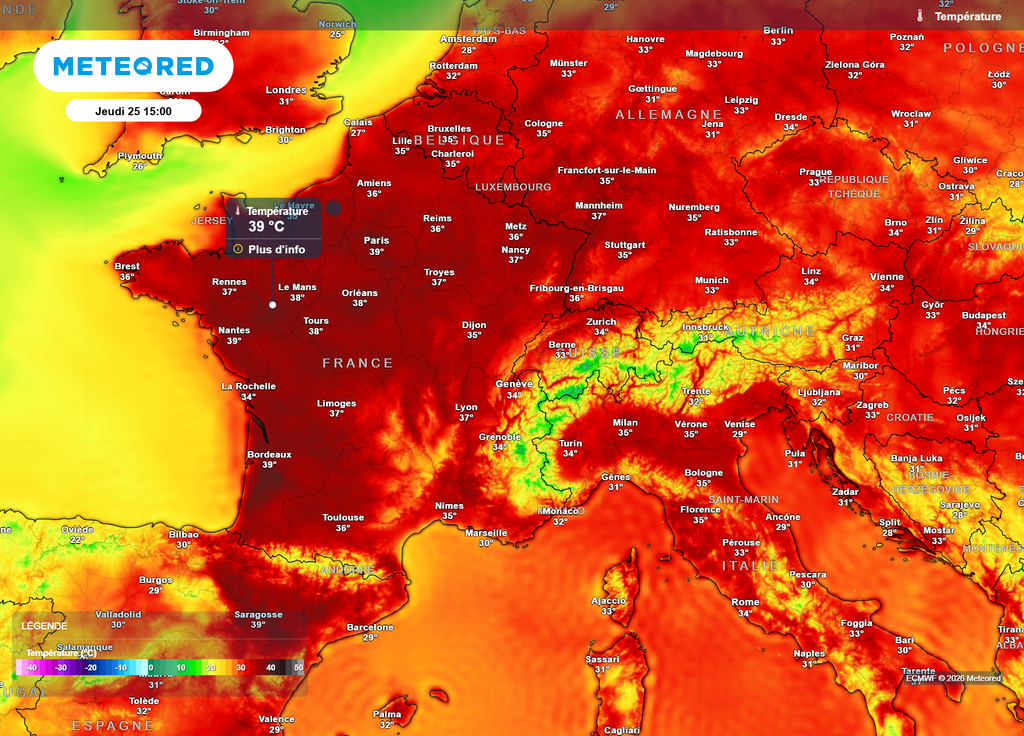 Températures jeudi après-midi Les températures encore exceptionnellement élevées jeudi après-midi, souvent 37 à 41°C dans l'Ouest, serviront de carburant aux orages.