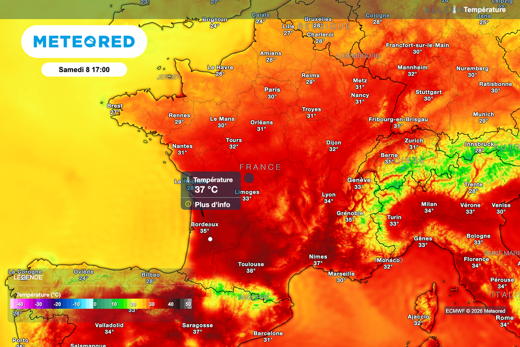 Près de 37 à 38 degrés ce week-end dans le sud-ouest de la France ! Près de 37 à 38 degrés ce week-end dans le sud-ouest de la France !