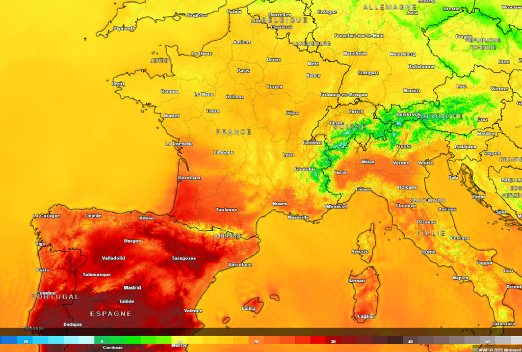 Températures prévues jeudi après-midi selon notre modèle ECMWF. Températures prévues jeudi après-midi selon notre modèle ECMWF.