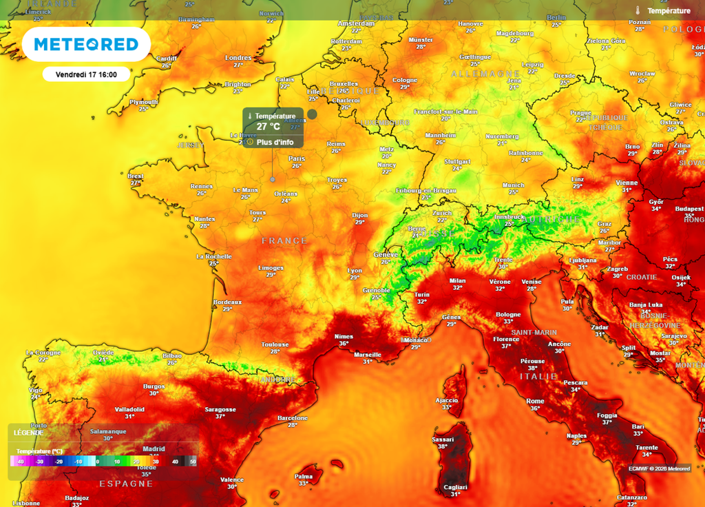 Températures vendredi après-midi Vendredi après-midi, les températures repasseront partout sous les 30°C, sauf dans le Sud-Est (les régions méditerranéennes).