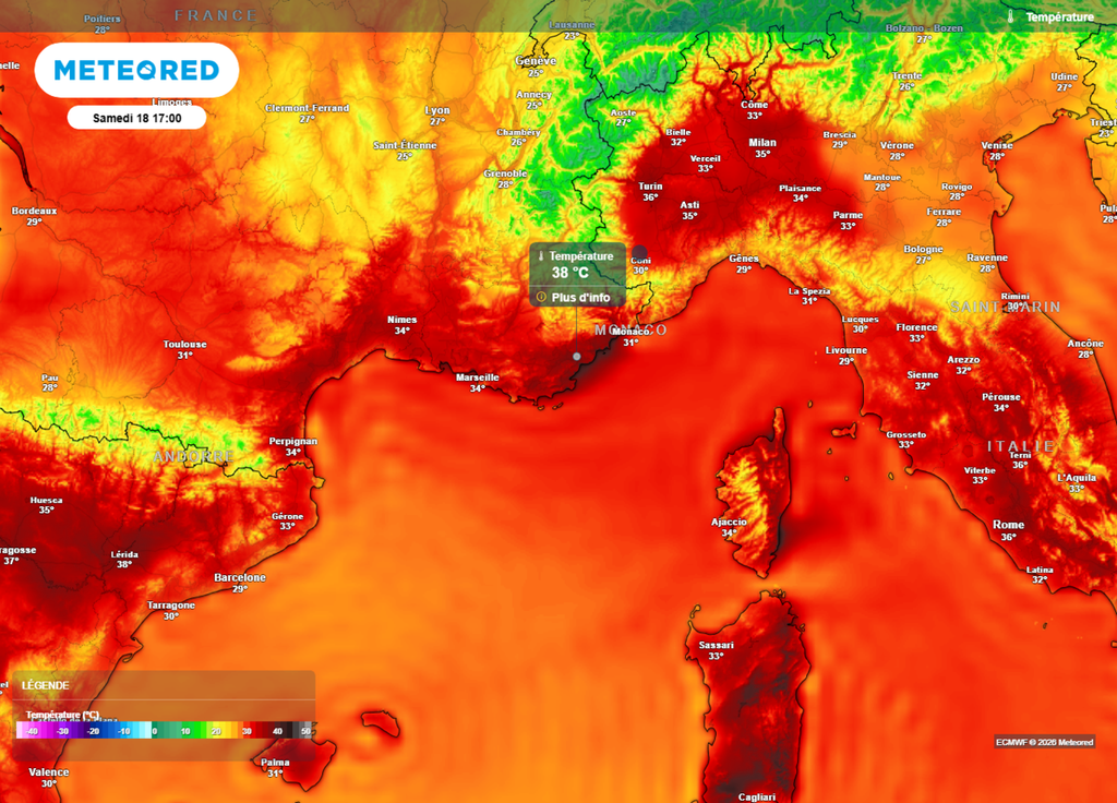 Températures samedi après-midi Sud-Est Samedi après-midi, les températures resteront caniculaires près de la Méditerranée, sous un mistral et une tramontane brûlants.