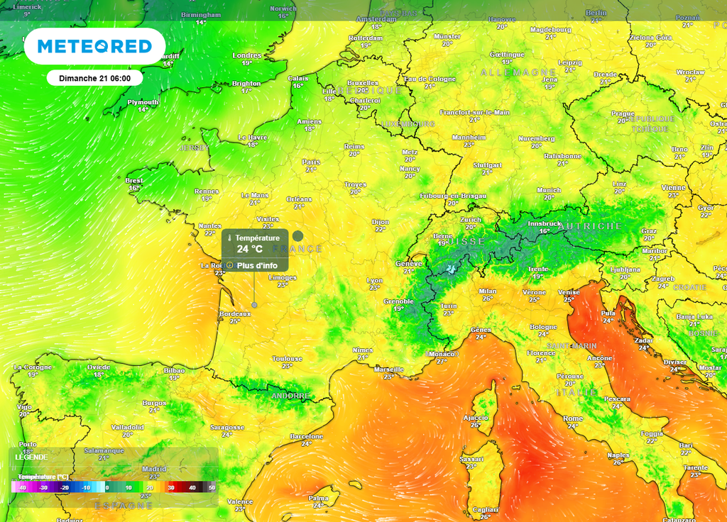 Températures dimanche matin Ce dimanche matin, les températures pourraient ne pas redescendre sous les 24°C dans certaines régions.