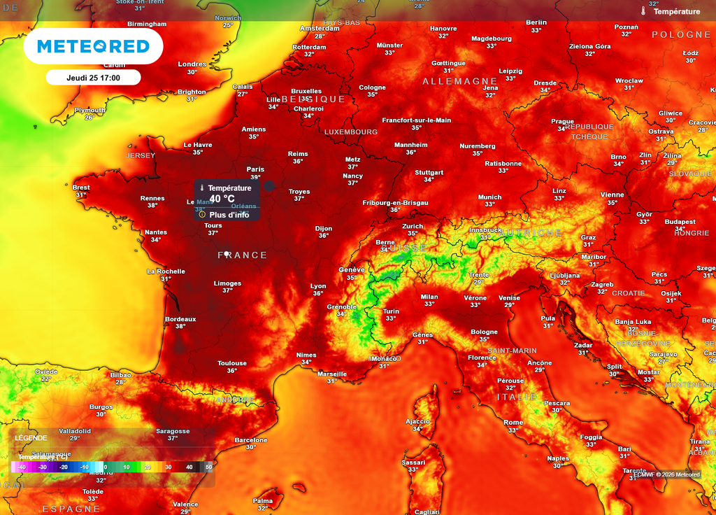 Ce jeudi, des pointes à 40°C voire plus sont encore attendues sur plusieurs régions, notamment dans le Nord-Ouest.
