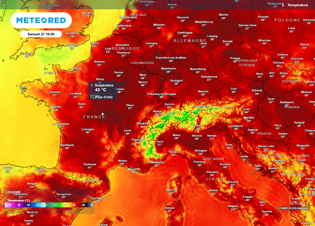 Samedi après-midi, des pointes à 40°C ou plus sont encore envisagées dans plusieurs régions, notamment du Centre au Nord-Est.