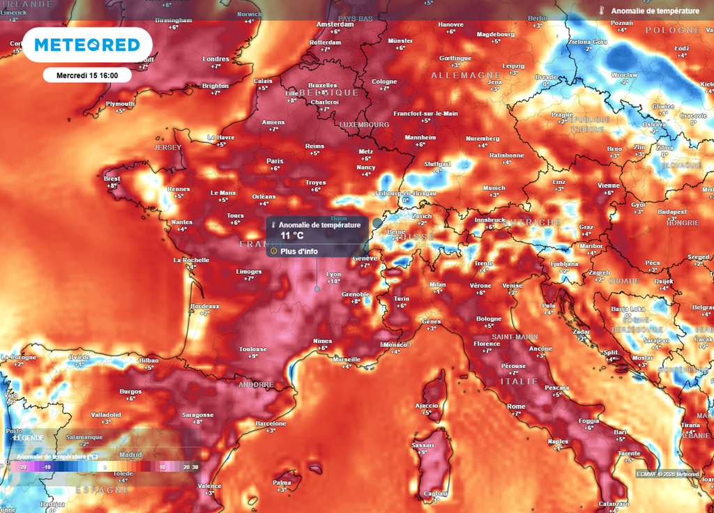 Anomalie de températures mercredi après-midi Ce mercredi après-midi, les températures seront encore parfois plus de 10°C au-dessus des normales de saison dans le quart Sud-Est, notamment dans la vallée du Rhône.