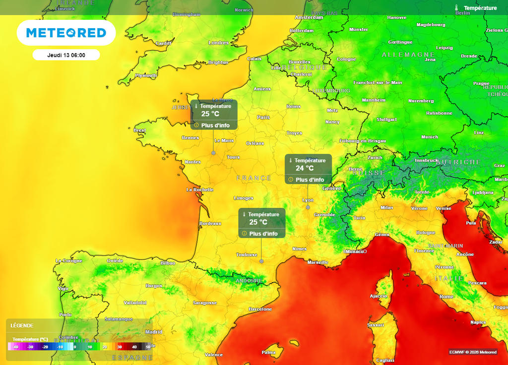 Encore près de 25°C dans le sud et l'ouest de la France en fin de nuit du jeudi 13 août