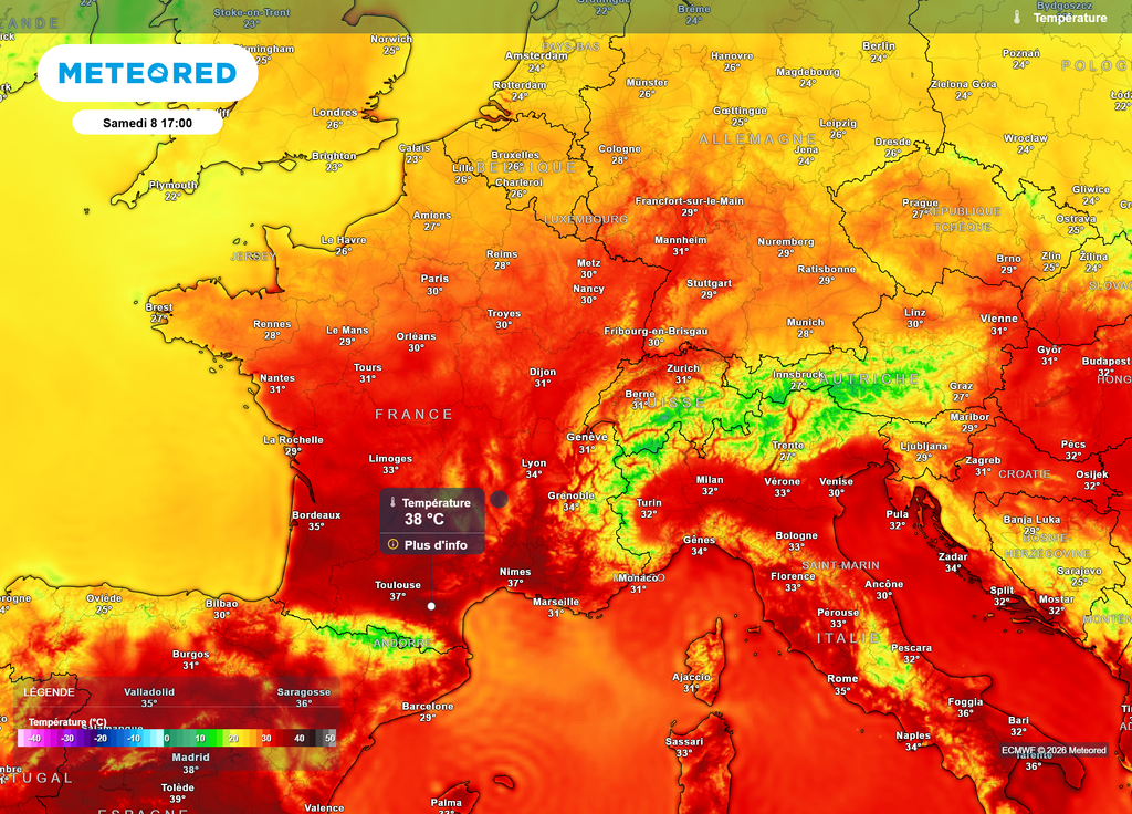 Températures samedi après-midi Ce samedi après-midi, c'est certainement vers l'Occitanie que les températures seront les plus élevées, avec des pointes envisagées à 38 ou 39°C à l'ombre.