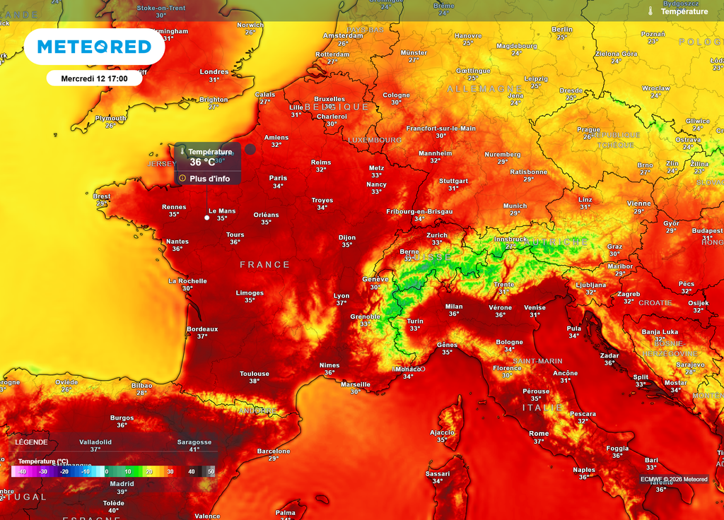 Températures mercredi après-midi Mercredi après-midi devrait marquer le début du pic d'intensité de cette canicule, avec déjà des pointes à 36°C sur le Nord-Ouest.