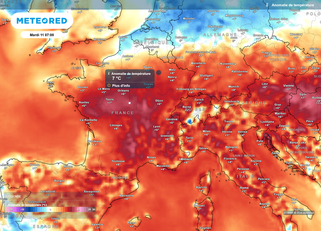 Anomalies de températures mardi matin Mardi matin, au plus frais de la nuit, les températures seront souvent 4 à 7°C au-dessus des normales de saison pour un mois d'août.