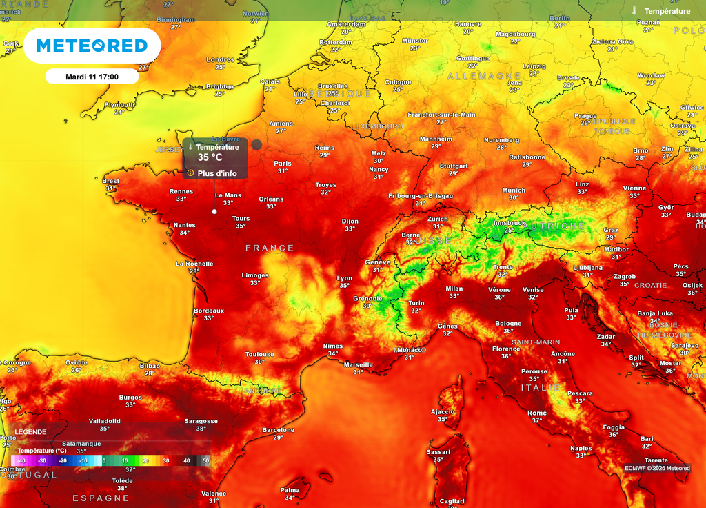 Températures mardi après-midi Mardi, la barre des 35°C (le seuil de très forte chaleur) remontera jusqu'à l'Est de la Bretagne et au pays nantais.