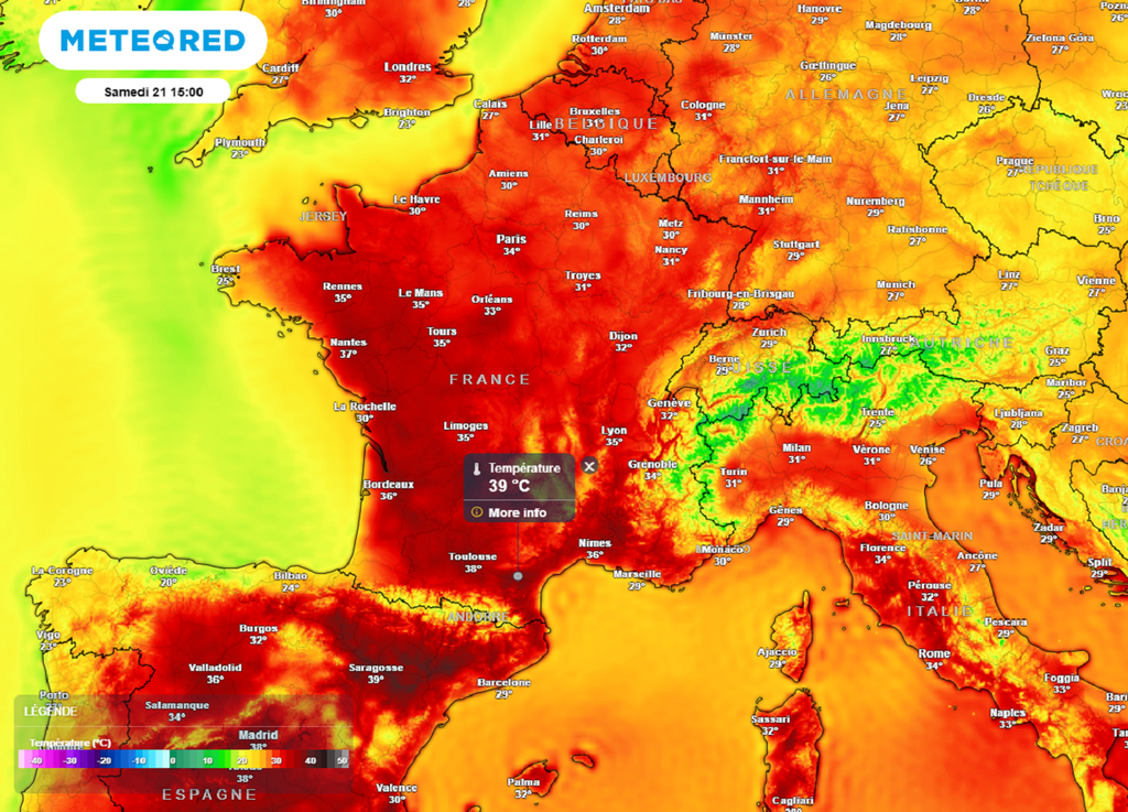 Samedi après-midi, des pointes à près de 39°C seront localement possibles dans le sud du pays. Samedi après-midi, des pointes à près de 39°C seront localement possibles dans le sud du pays.