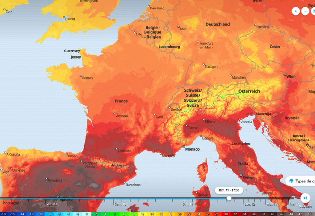 Températures maximales prévues dimanche après-midi. Températures maximales prévues dimanche après-midi.
