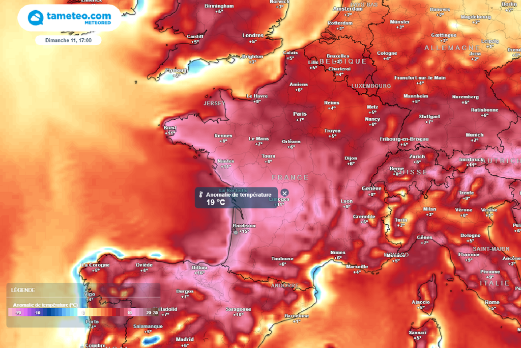Dimanche après-midi, les maximales seront régulièrement situées 10 à 15°C au-dessus des normales de saison, et même jusqu'à 19°C en Aquitaine ! Dimanche après-midi, les maximales seront régulièrement situées 10 à 15°C au-dessus des normales de saison, et même jusqu'à 19°C en Aquitaine !