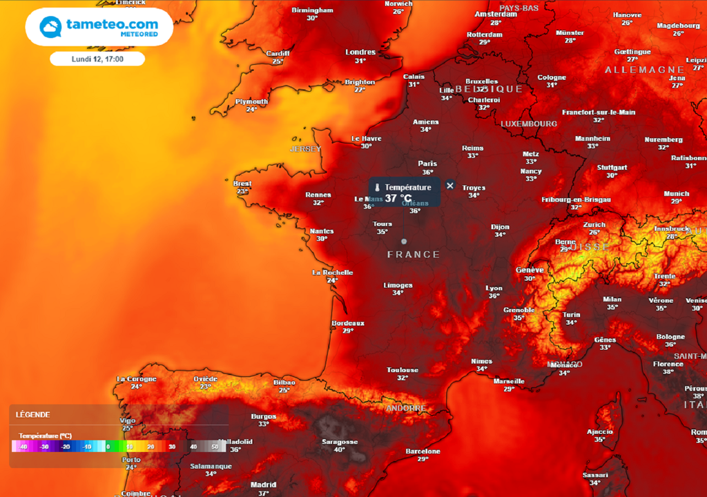 Les valeurs les plus élevées sont attendues dans les régions centrales lundi avec des pointes à 37-38°C possibles. Les valeurs les plus élevées sont attendues dans les régions centrales lundi avec des pointes à 37-38°C possibles.
