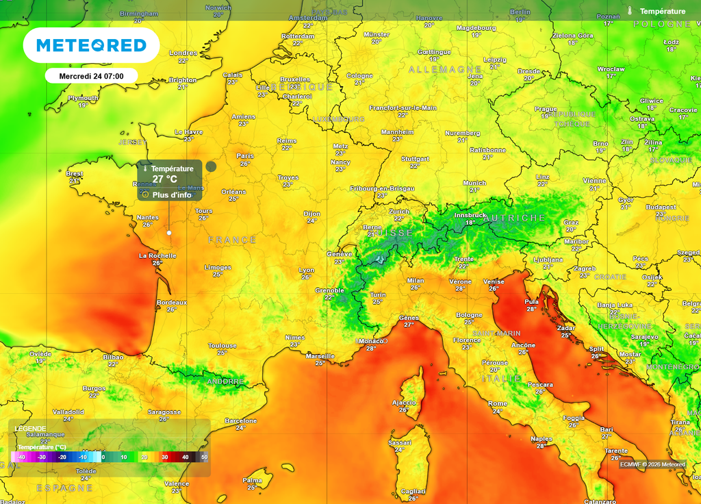 Températures minimales mardi Vous ne rêvez pas, il s'agit bien de la carte des températures de ce mardi matin, à 7h : des pointes à 27°C sont encore prévues à l'Ouest !