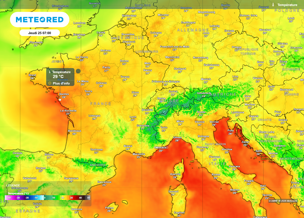 Températures jeudi matin Par endroits en Pays-de-la-Loire, voire localement en région parisienne, les températures pourraient ne pas baisser sous les 30°C dans la nuit de mercredi à jeudi !