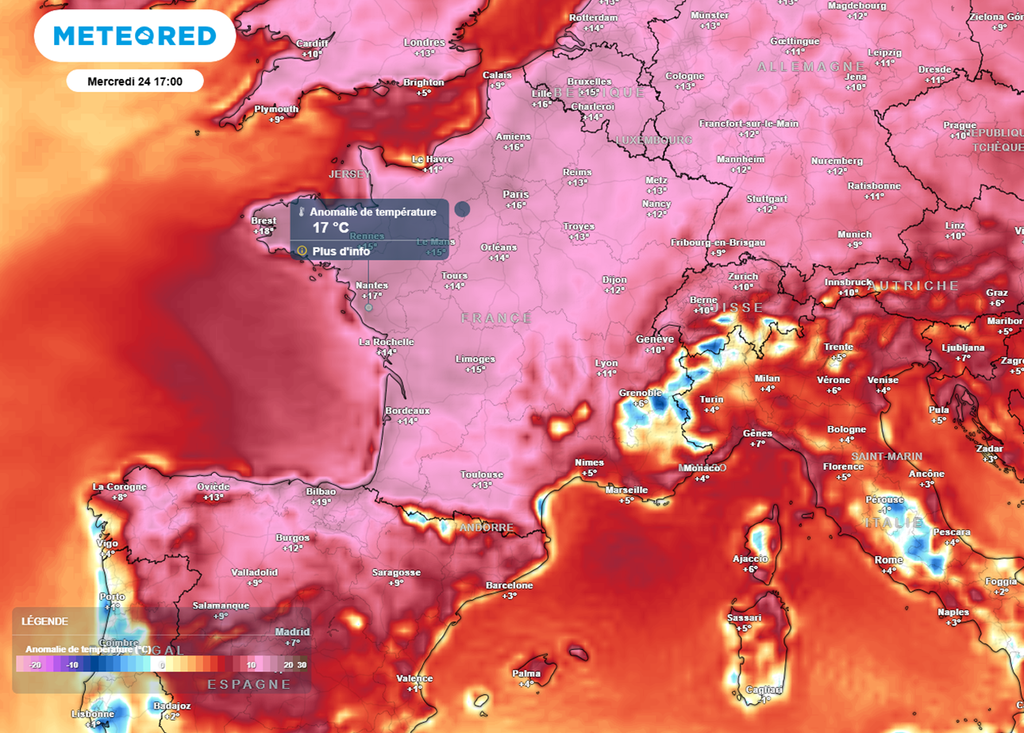 En ce milieu de semaine, les maximales sont situées jusqu'à 17°C au-dessus des normales de saison. En ce milieu de semaine, les maximales sont situées jusqu'à 17°C au-dessus des normales de saison.