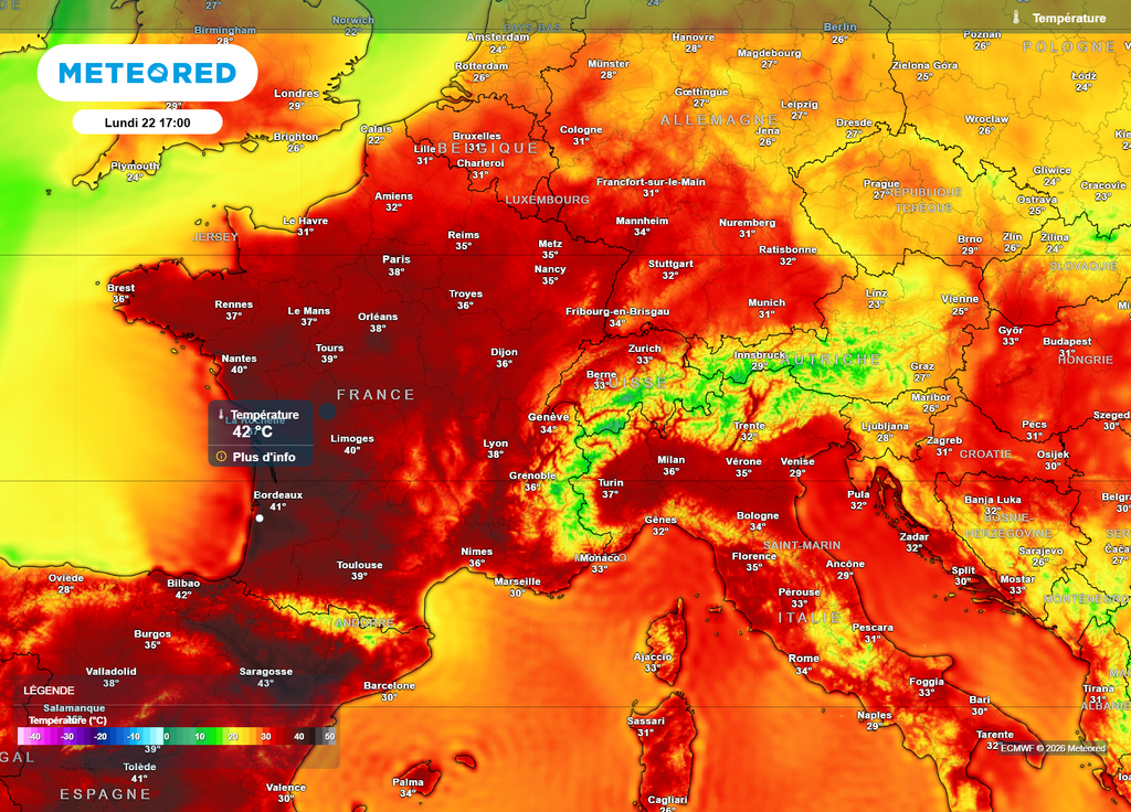 Températures lundi après-midi La barre des 40°C devrait être allègrement franchie dans l'Ouest lundi après-midi, avec jusqu'à 42°C localement.