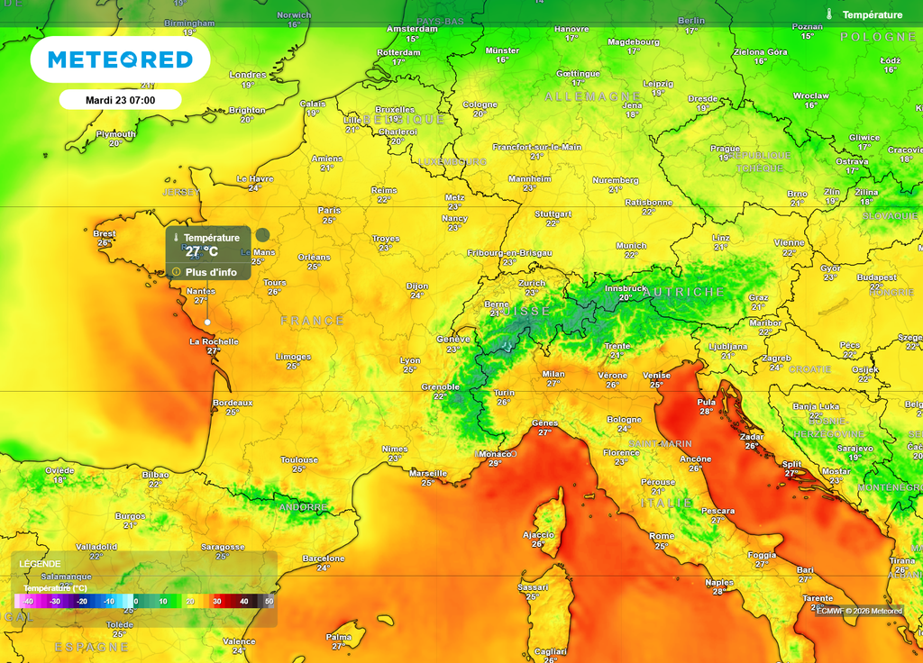 Températures mardi matin Mardi matin, certaines stations du Nord-Ouest et de la façade atlantique pourraient ne pas descendre sous les 25 à 27°C au plus frais !