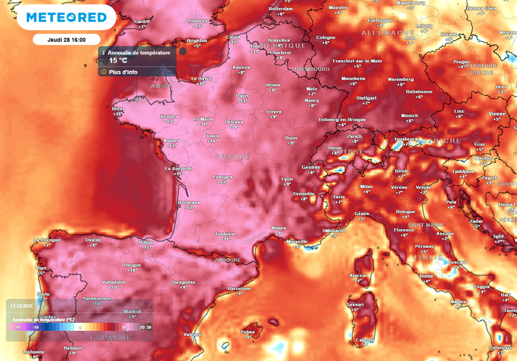 En fin de semaine, les maximales seront situées jusqu'à 15°C au-dessus des normales. En fin de semaine, les maximales seront situées jusqu'à 15°C au-dessus des normales.