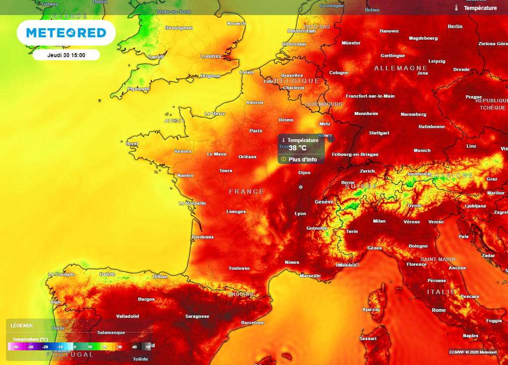 Jeudi, c'est dans les régions de l'est qu'il fera le plus chaud avec localement près de 40°C Jeudi, c'est dans les régions de l'est qu'il fera le plus chaud avec localement près de 40°C