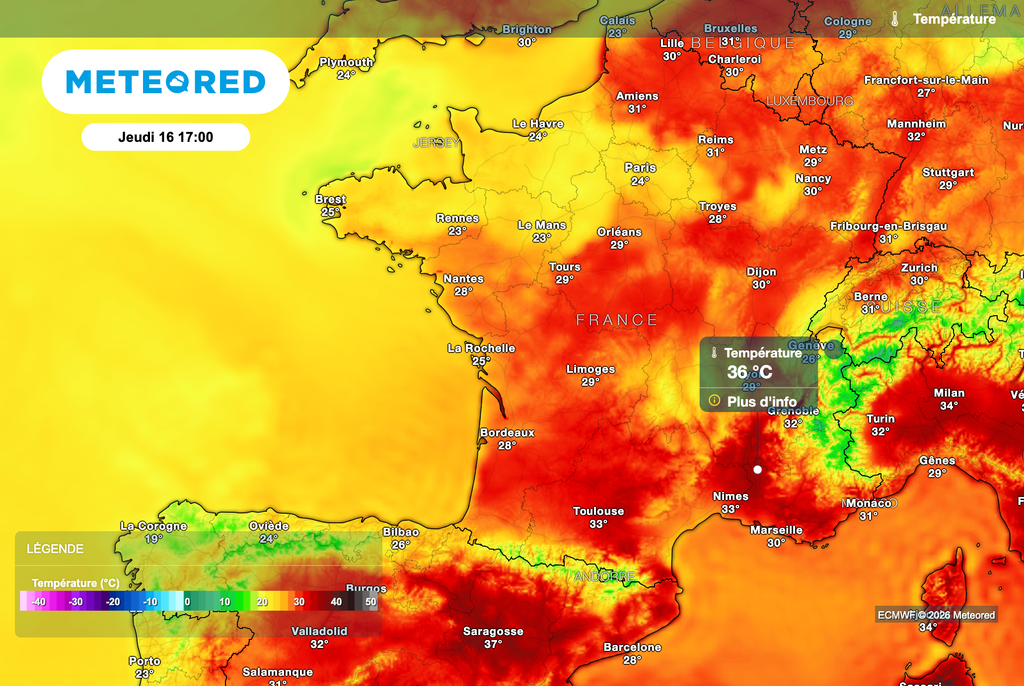 Températures attendues jeudi après-midi d'après le modèle européen, qui envisage des orages et donc une baisse des températures. Cette évolution devra toutefois être confirmée. Températures attendues jeudi après-midi d'après le modèle européen, qui envisage des orages et donc une baisse des températures. Cette évolution devra toutefois être confirmée.