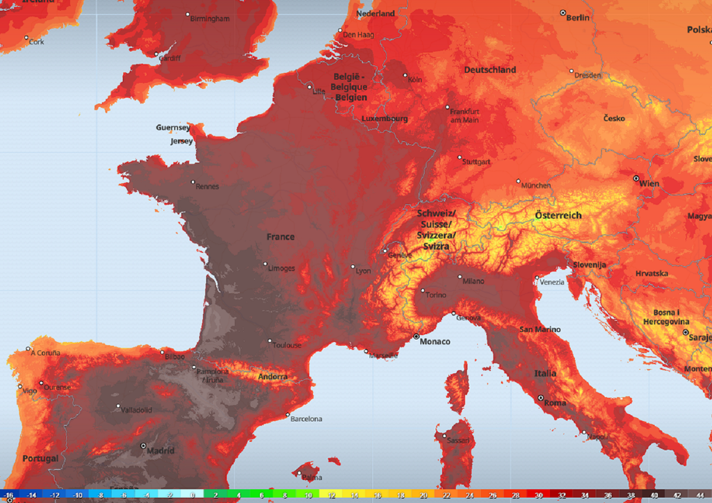 Lundi après-midi, les maximales dépasseront les 40°C dans de nombreuses régions (modèle ECMWF).