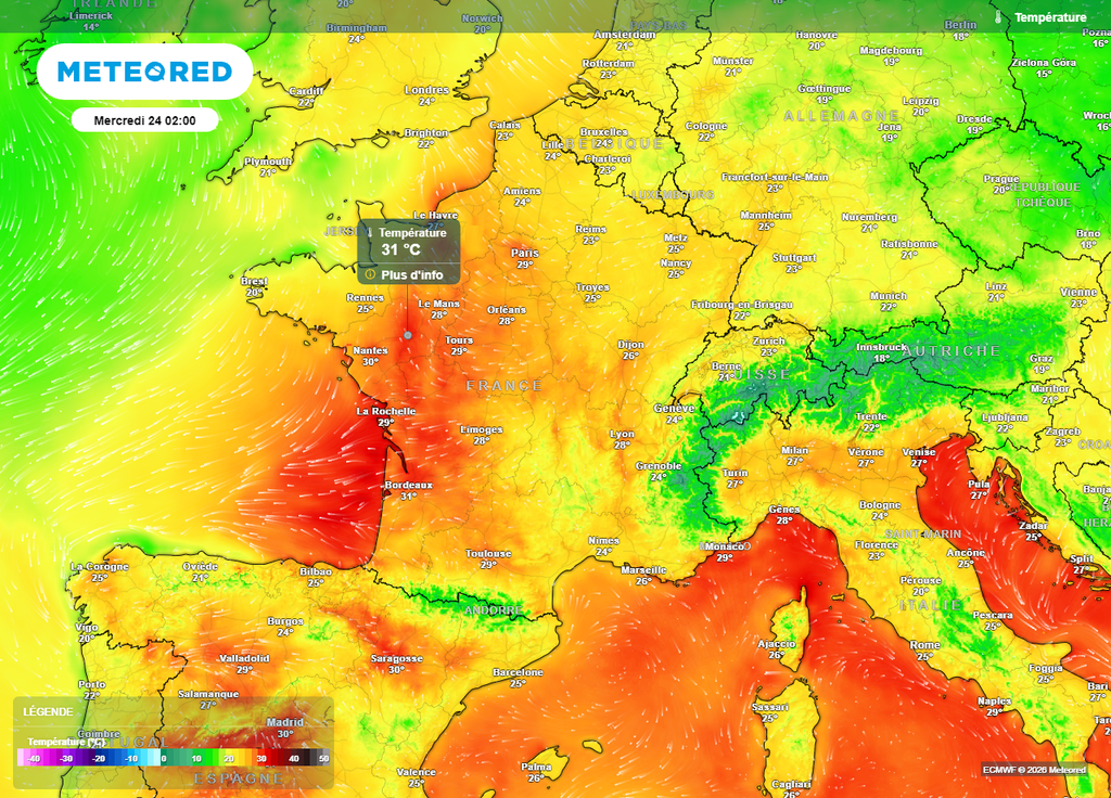 À 2 heures du matin, on peut encore atteindre les 30°C dans l'ouest de la France ! À 2 heures du matin, on peut encore atteindre les 30°C dans l'ouest de la France !