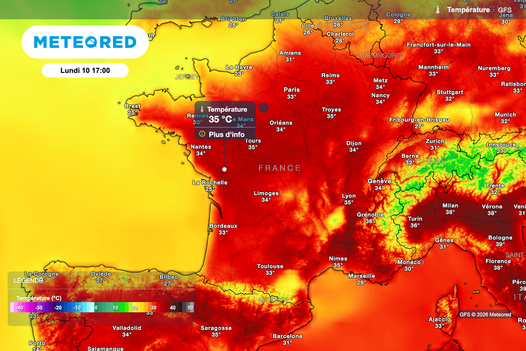 35 degrés cet après-midi sur le centre-ouest du pays. 35 degrés cet après-midi sur le centre-ouest du pays. Carte modèle GFS.