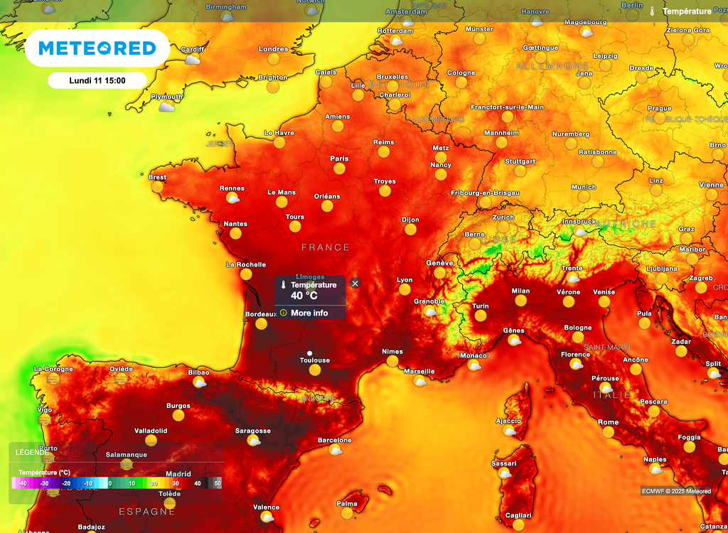 40°C voire un peu plus encore de possibles sur un large quart sud-ouest ce lundi. 40°C voire un peu plus encore de possibles sur un large quart sud-ouest ce lundi.